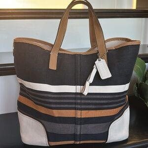 Coach Genuine Leather & Canvas Tote Bag – Snap Closure, Spacious Interior